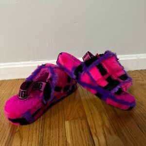 UGG Pink and Purple Plaid Fuzzy Slippers